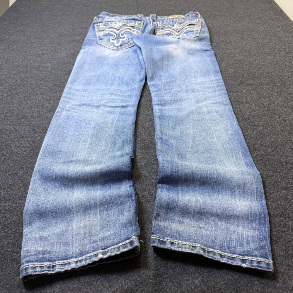 Y2K Rock Revival Vadeem Straight Jeans Mens 31 Blue Denim Embroidered Pocket